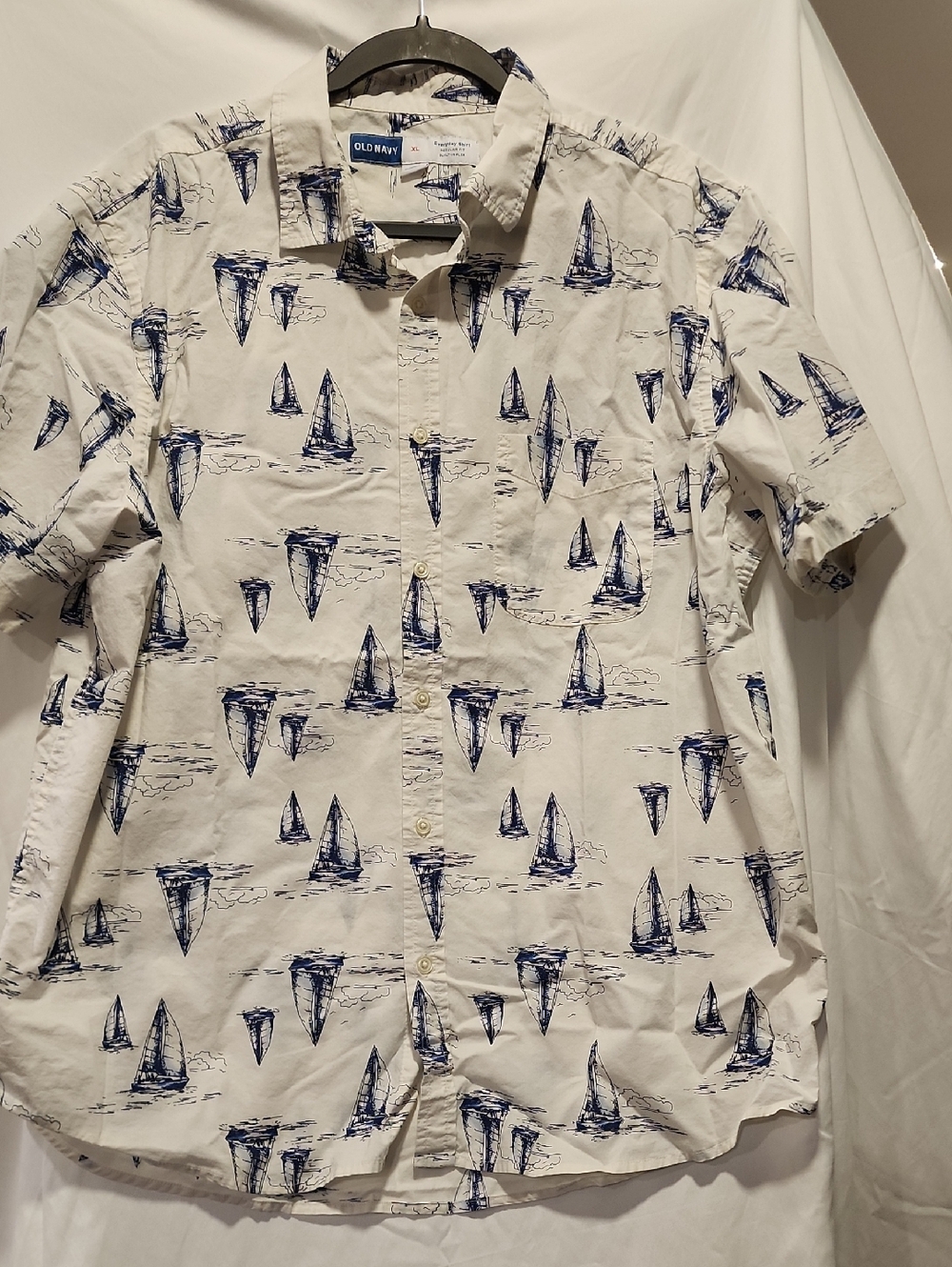 Old Navy White Short-Sleeve Button-Up with Navy Sailboat Print